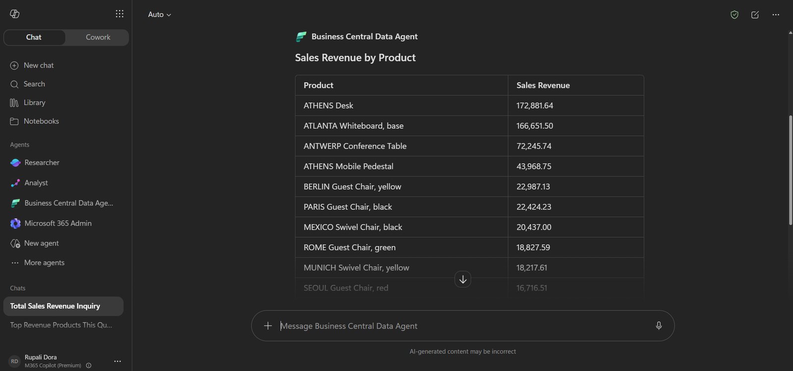 Business Central Data Agent answering a sales revenue by product question inside Microsoft 365 Copilot