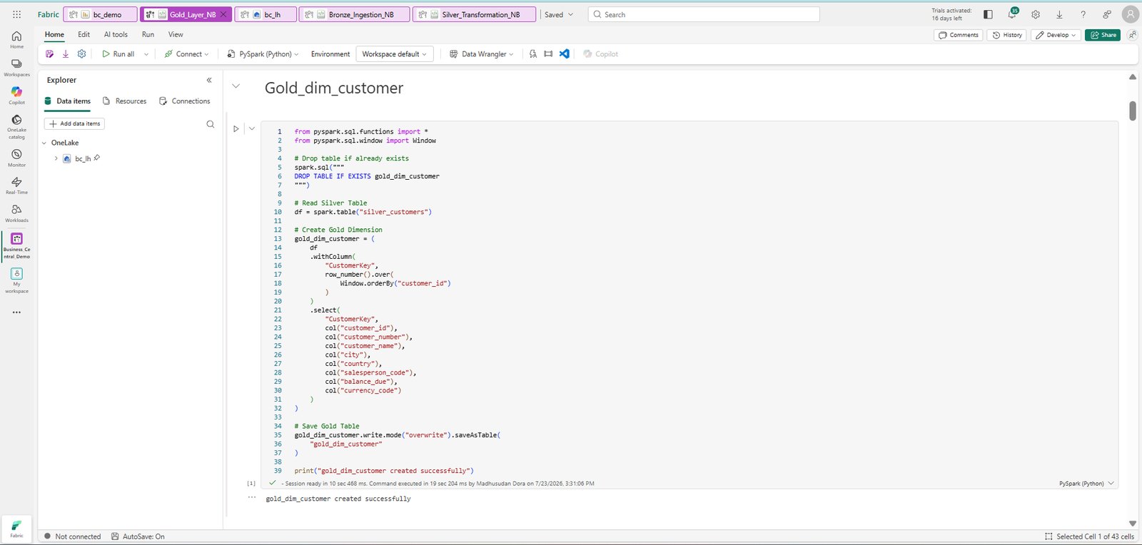 PySpark notebook in Microsoft Fabric building a Gold-layer customer dimension from Business Central data