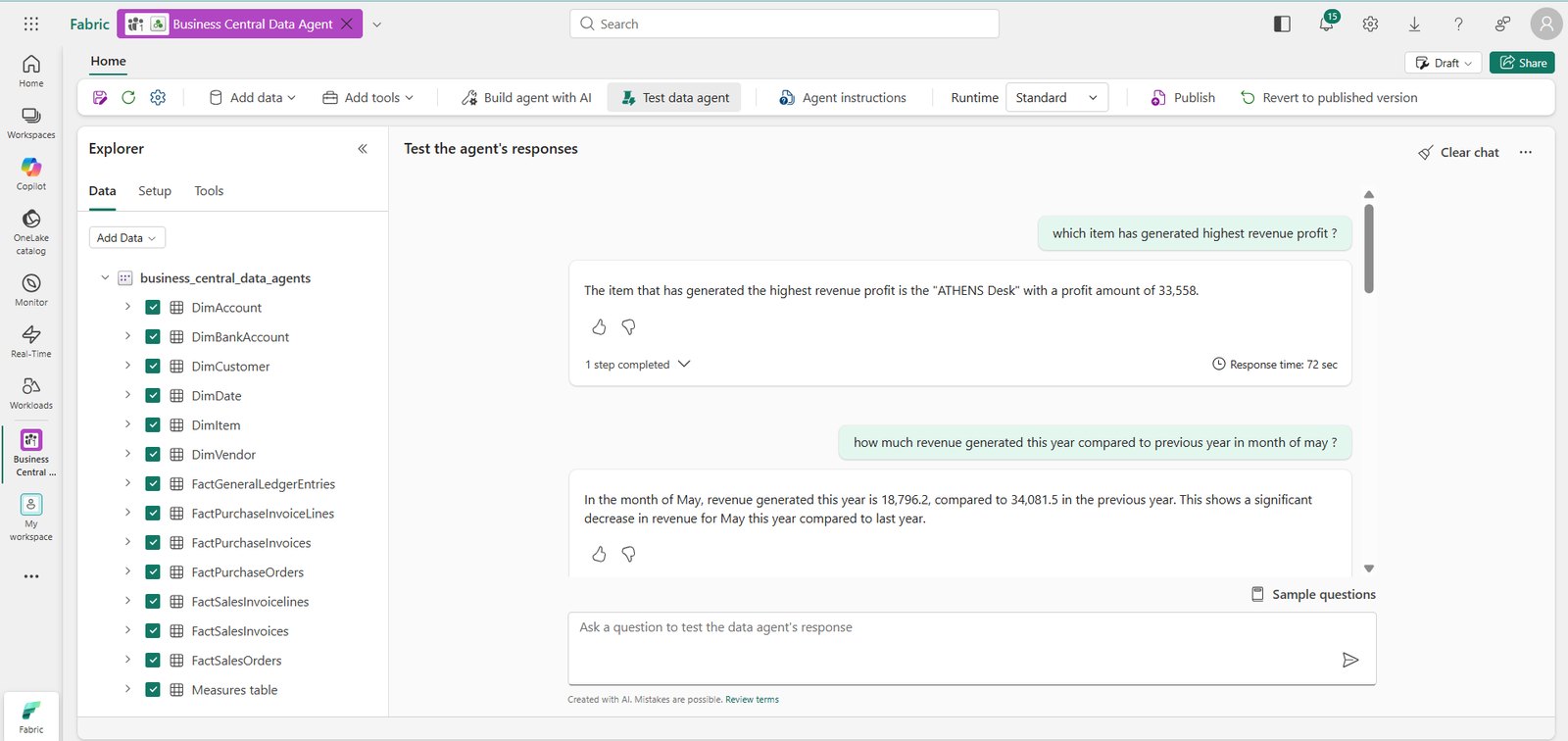 Testing an AI agent for data analysis inside Microsoft Fabric